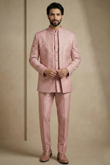 Light Pink Satin Jacquard Satin Jacket Indo Western Set