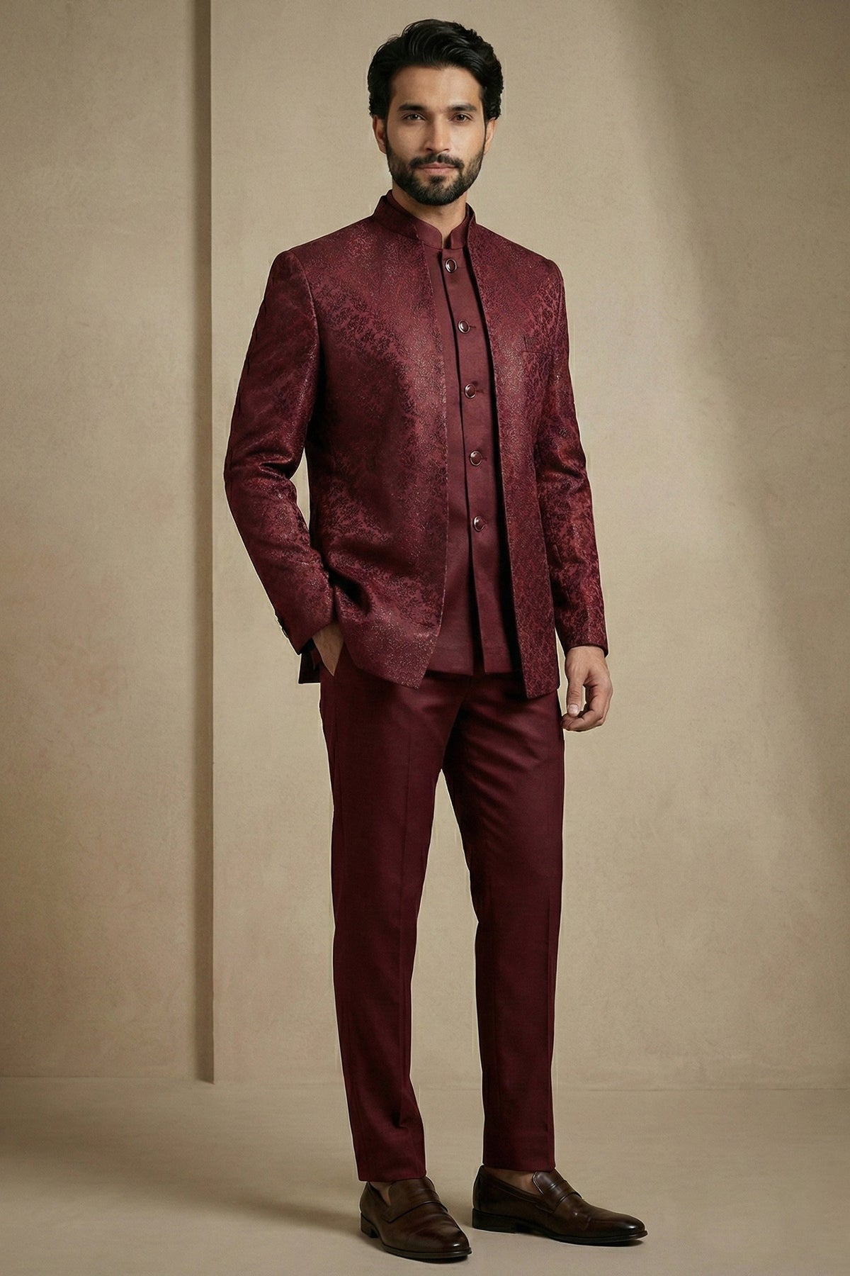 Dark Maroon Satin Jacquard Satin Jacket Indo Western Set