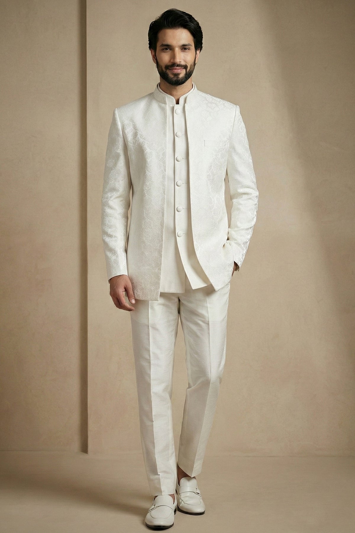White Satin Jacquard Satin Jacket Indo Western Set