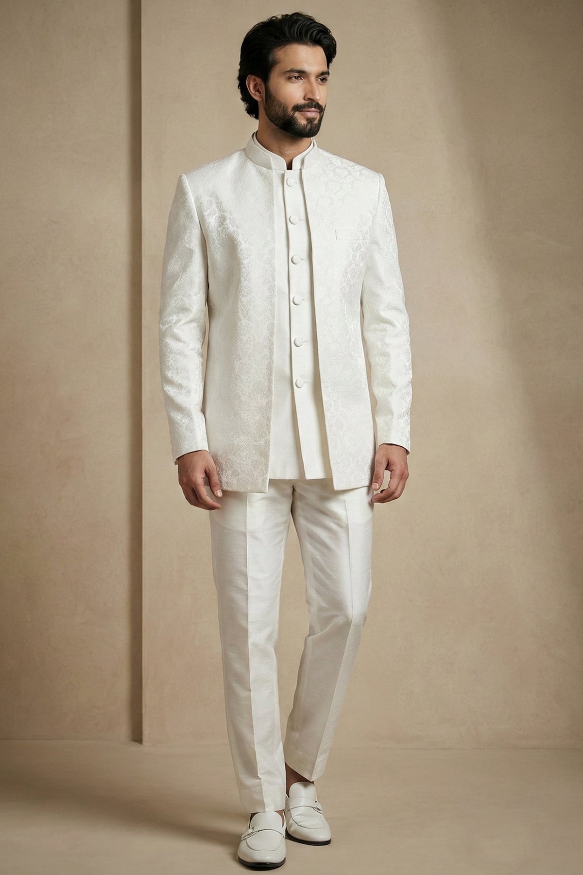 White Satin Jacquard Satin Jacket Indo Western Set