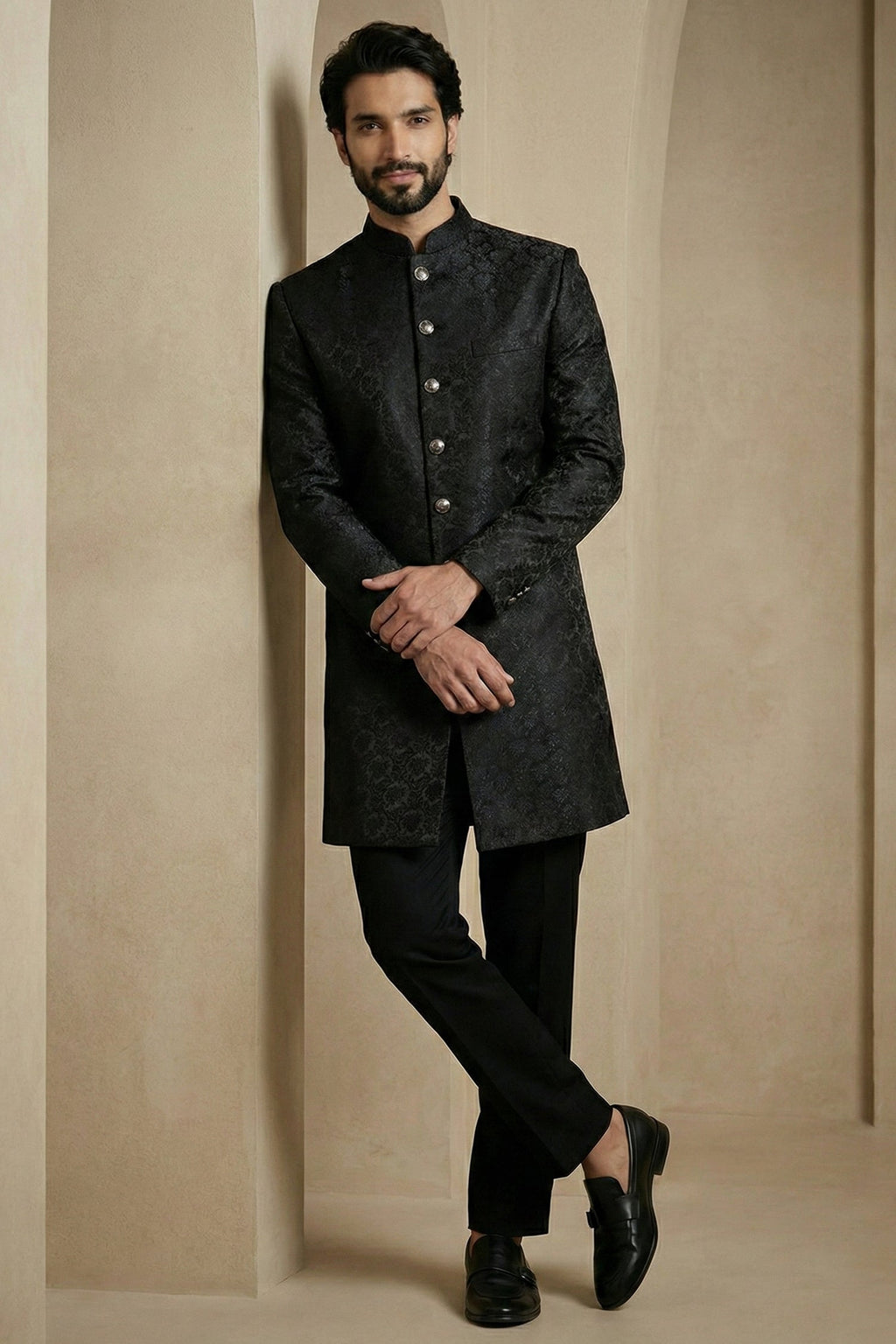 Black Jacquard Indo Western Set