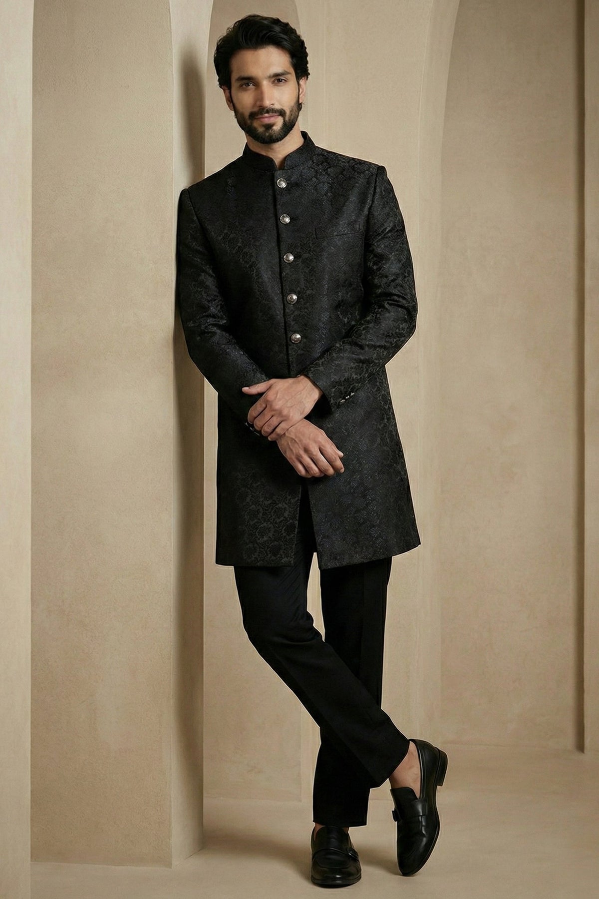 Black Jacquard Indo Western Set