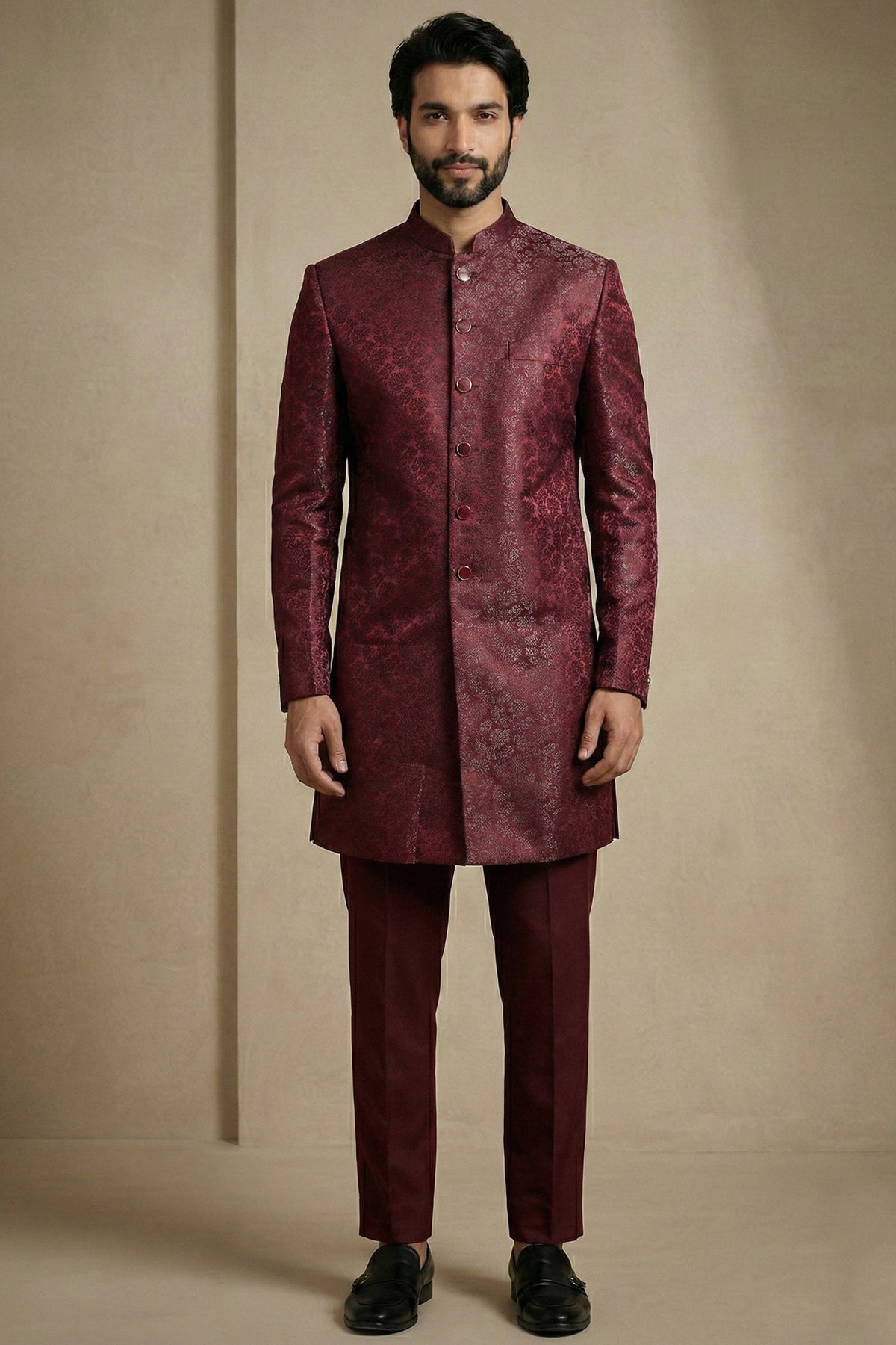 Dark Maroon Jacquard Indo Western Set