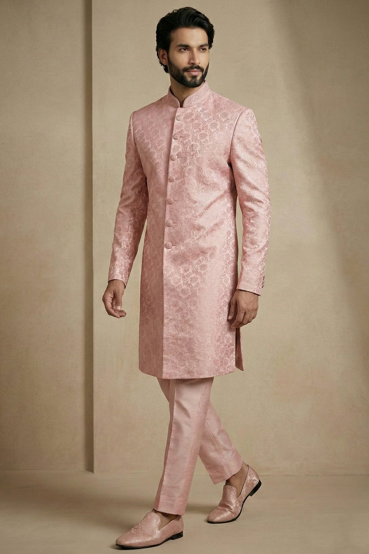 Light Pink Jacquard Indo Western Set
