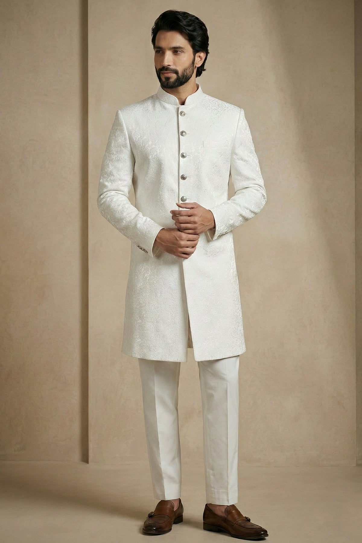 White Jacquard Indo Western Set