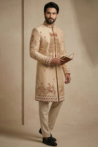 Beige Satin Beads Work Sherwani