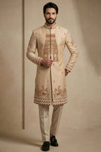 Beige Satin Beads Work Sherwani