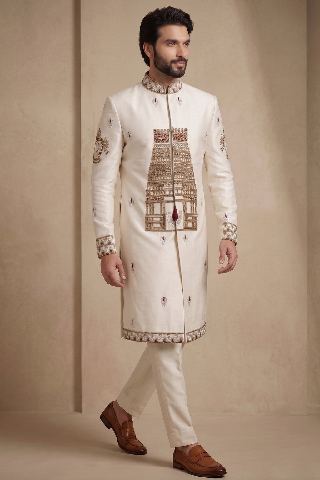 Pearl White Satin Beaded Work Sherwani Set