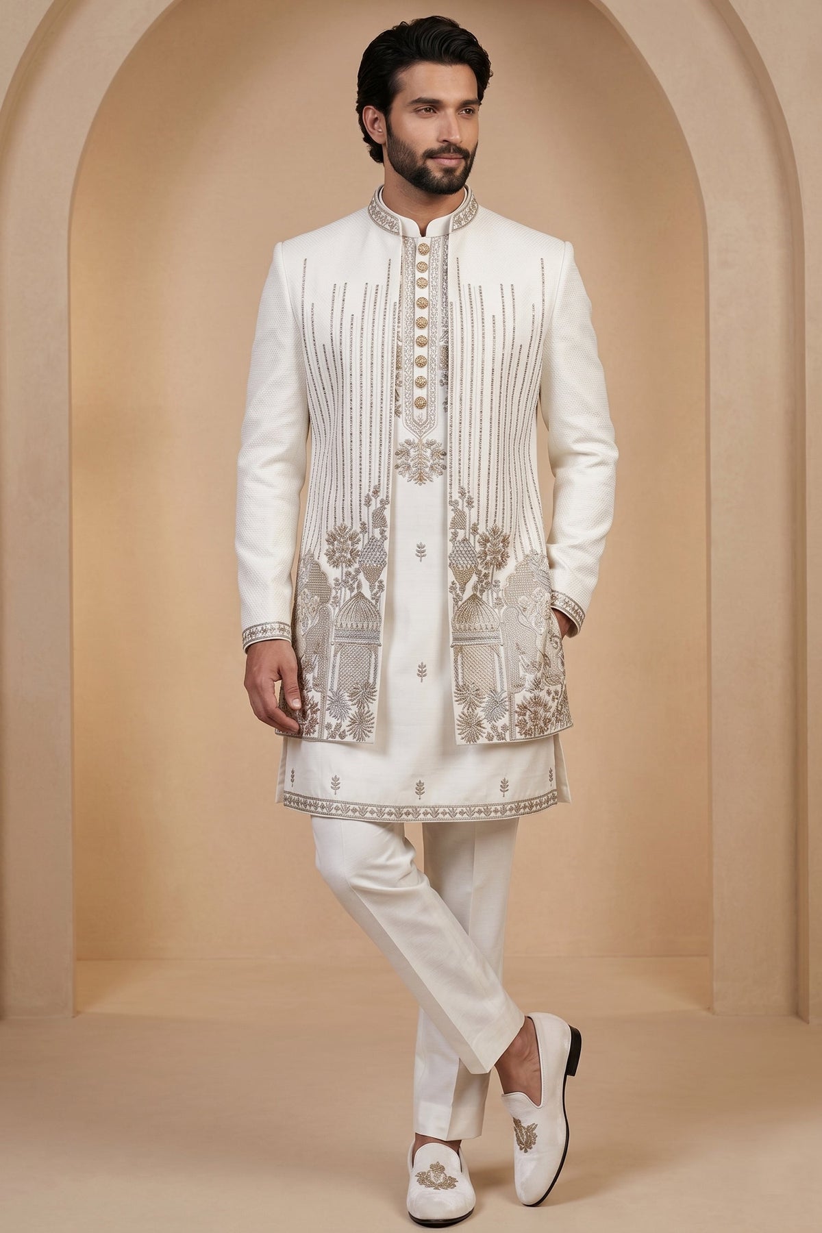 Pearl White Satin Zardosi and Bead Work Kurta Jacket Set