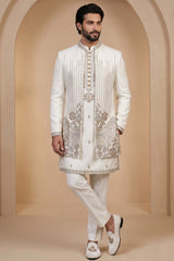 Pearl White Satin Zardosi and Bead Work Kurta Jacket Set