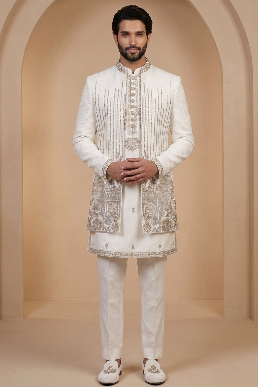 Pearl White Satin Zardosi and Bead Work Kurta Jacket Set