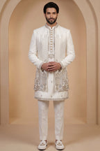 Pearl White Satin Zardosi and Bead Work Kurta Jacket Set