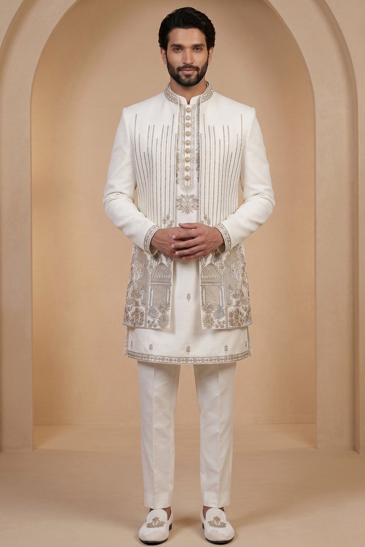 Pearl White Satin Zardosi and Bead Work Kurta Jacket Set