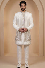 Pearl White Satin Zardosi and Bead Work Kurta Jacket Set