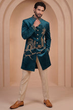 Teal Blue Velvet Zardosi Worked Indo Western Set