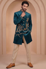 Teal Blue Velvet Zardosi Worked Indo Western Set