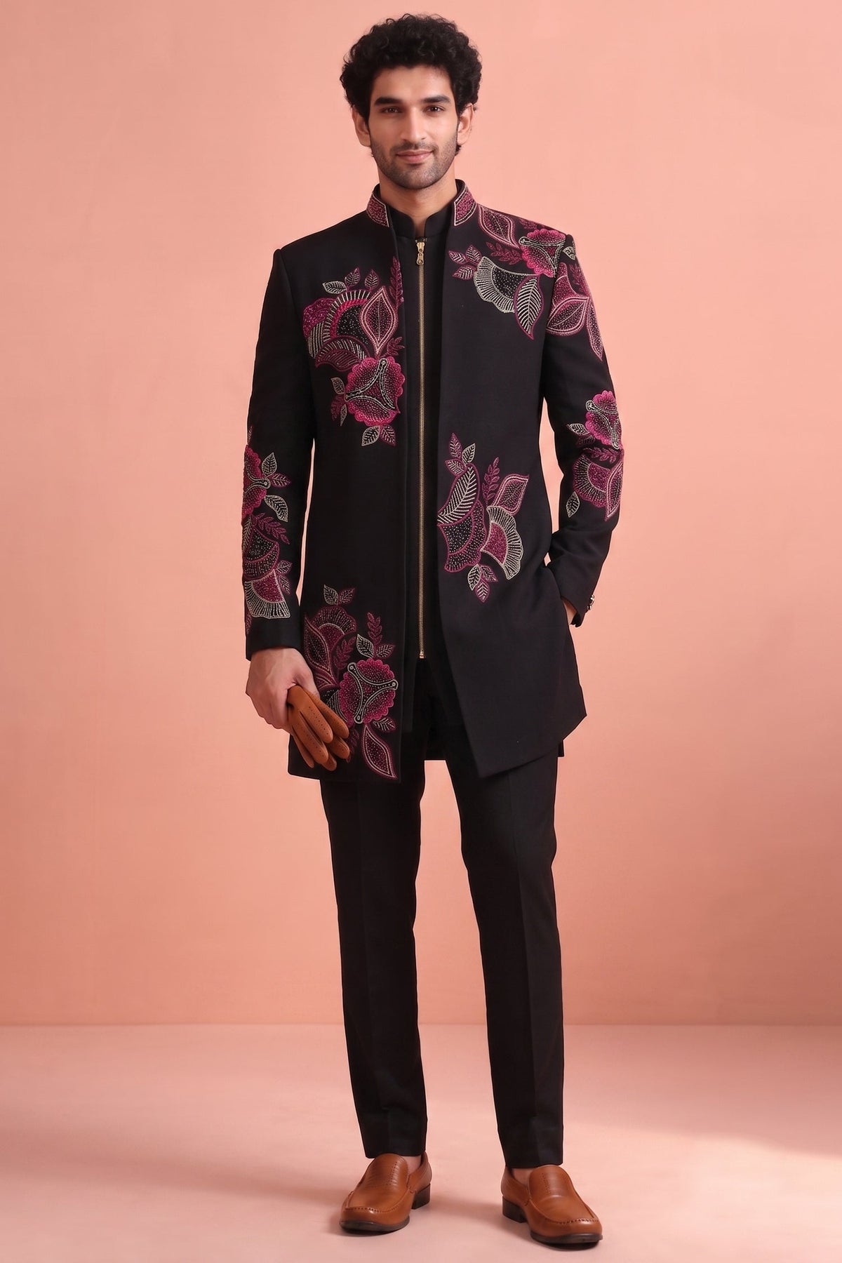 Black Silk Embroidered Jacket Indo Western Set