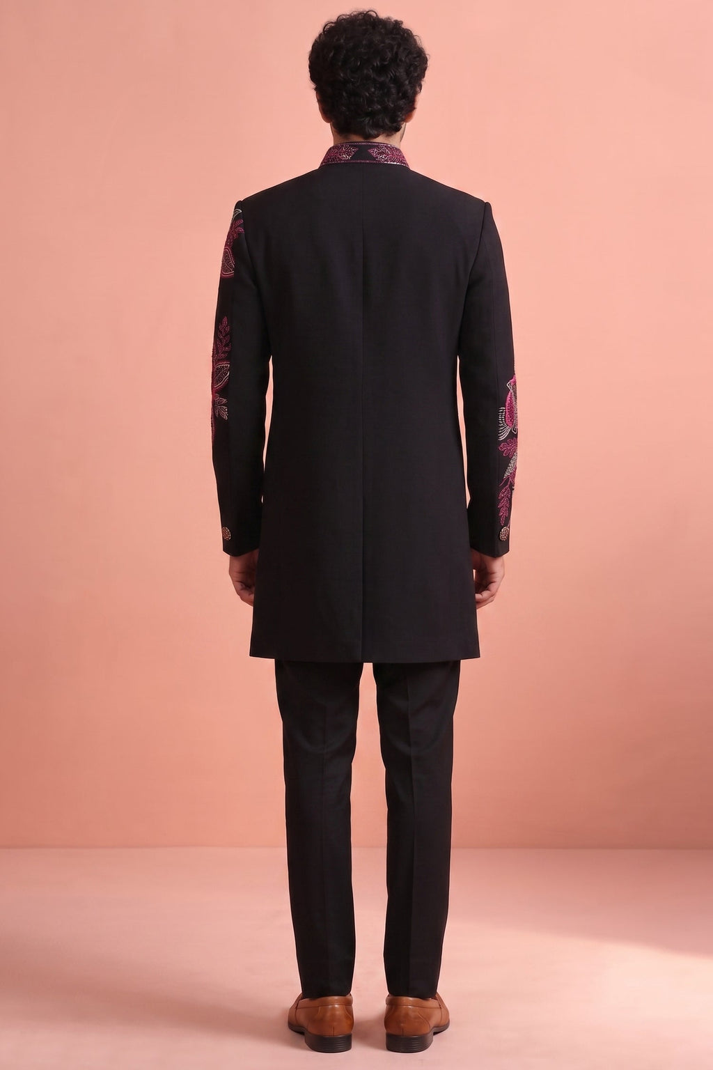 Black Silk Embroidered Jacket Indo Western Set