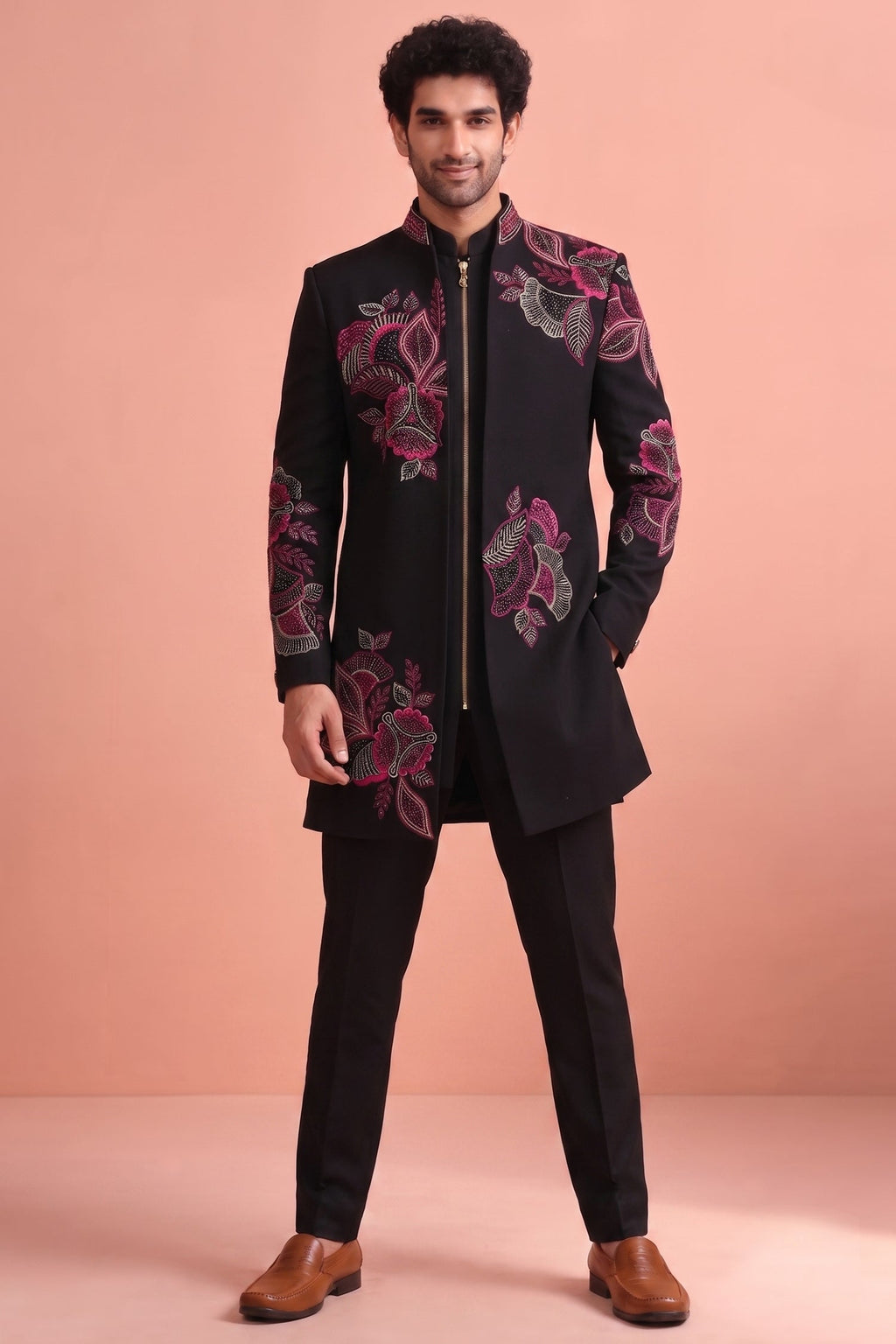 Black Silk Embroidered Jacket Indo Western Set
