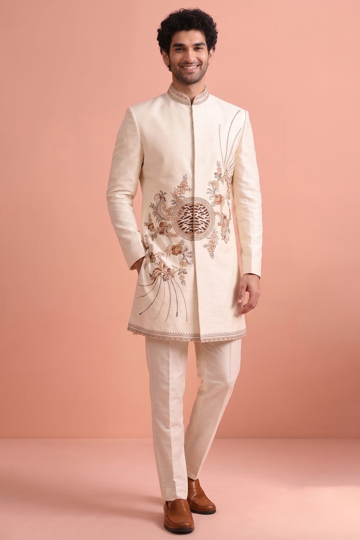 White Satin Embroidered Jacket Indo Western Set