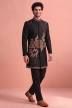 Black Satin Embroidered Jacket Indo Western Set