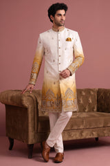 Off White and Yellow Indo Western Set with Embroidery