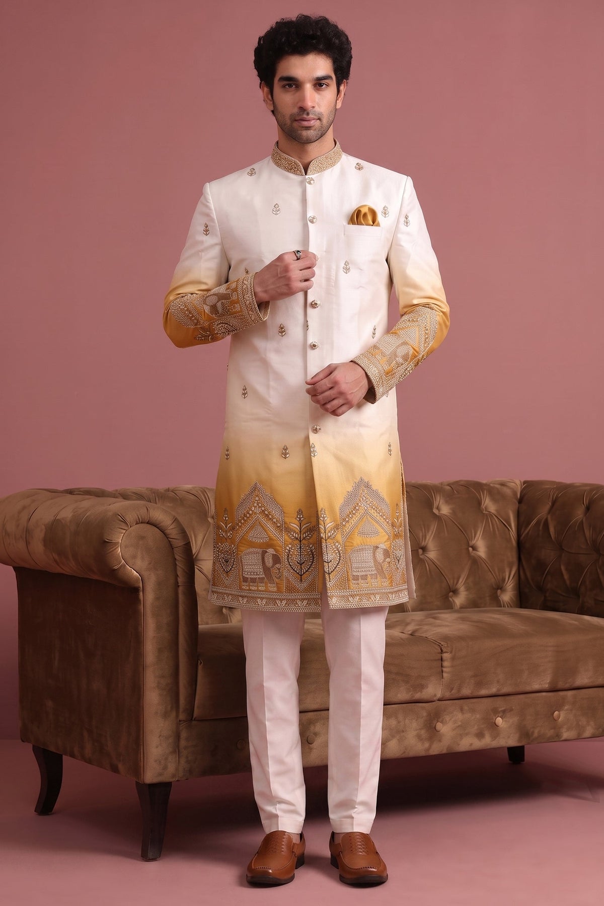 Off White and Yellow Indo Western Set with Embroidery