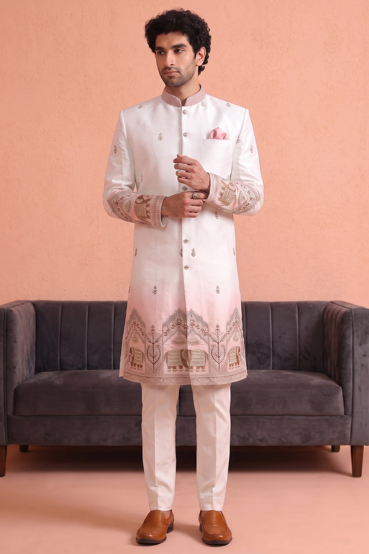 Off White and Light Pink Indo Western Set with Embroidery