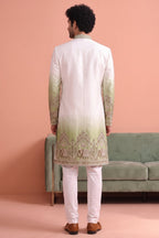 Off White and Green Indo Western Set with Embroidery