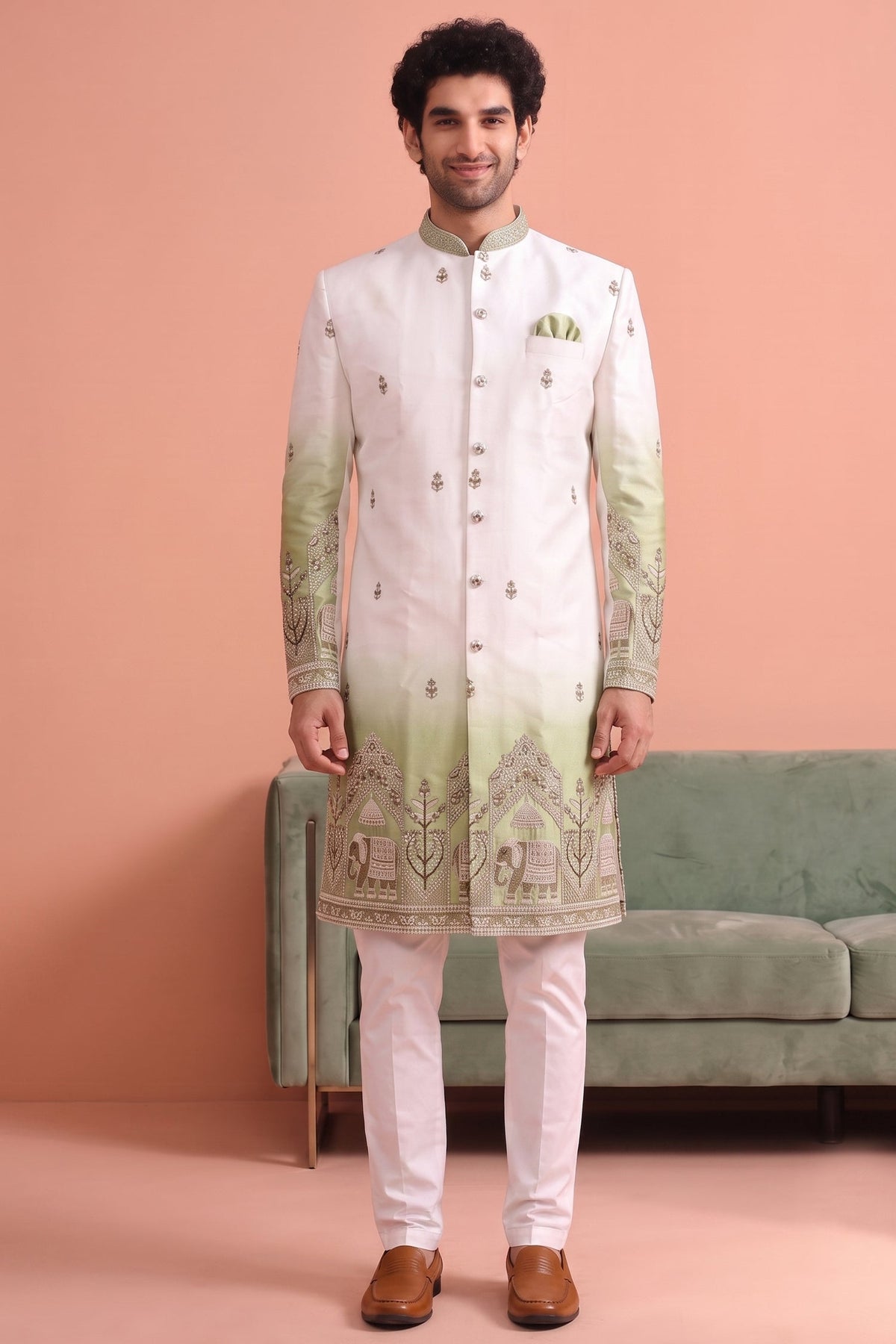 Off White and Green Indo Western Set with Embroidery