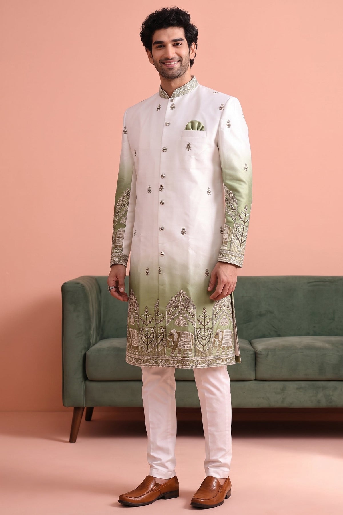 Off White and Green Indo Western Set with Embroidery