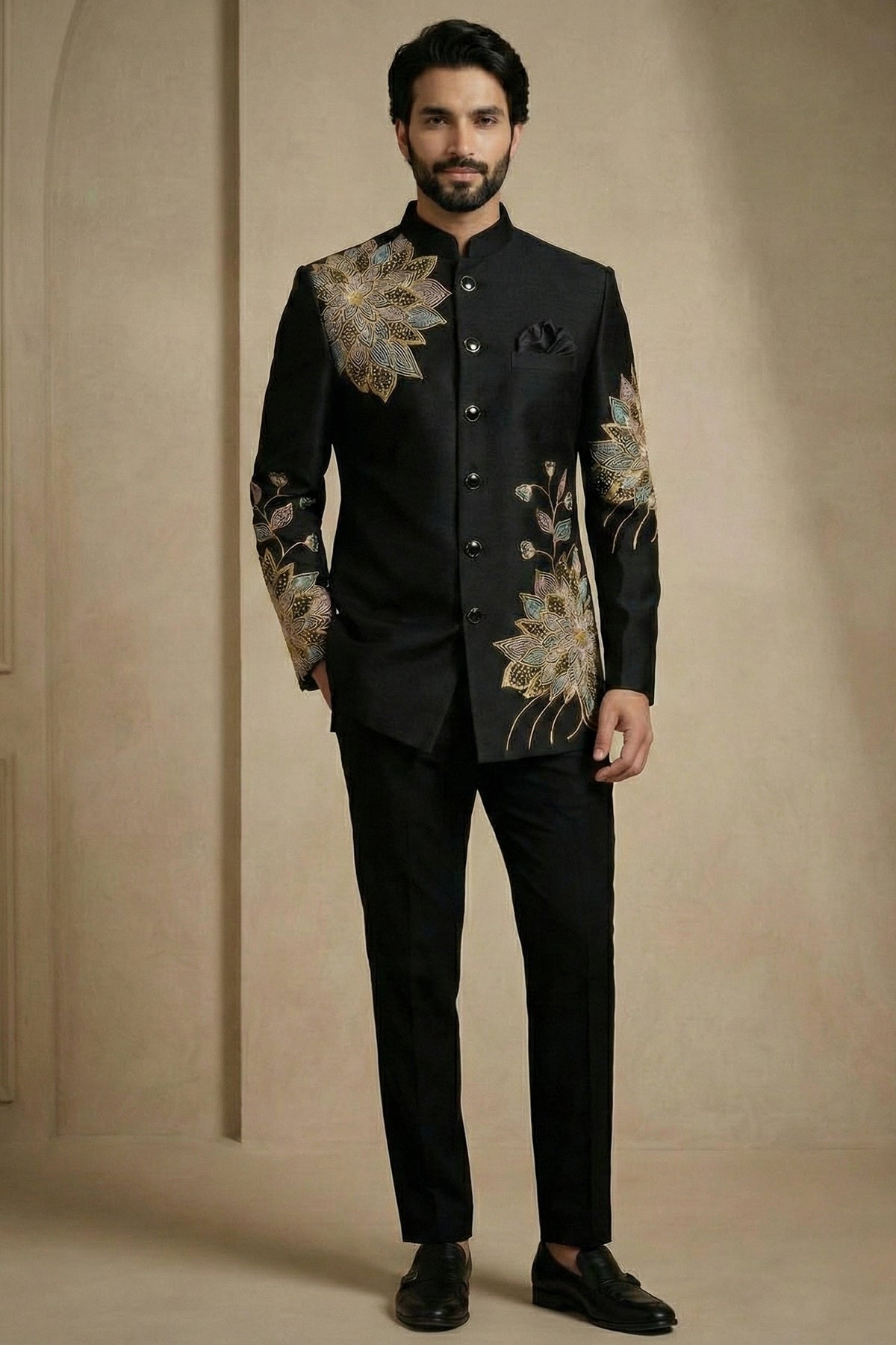 Black Satin Embroidered Jodhpuri Suit