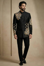 Black Satin Embroidered Jodhpuri Suit
