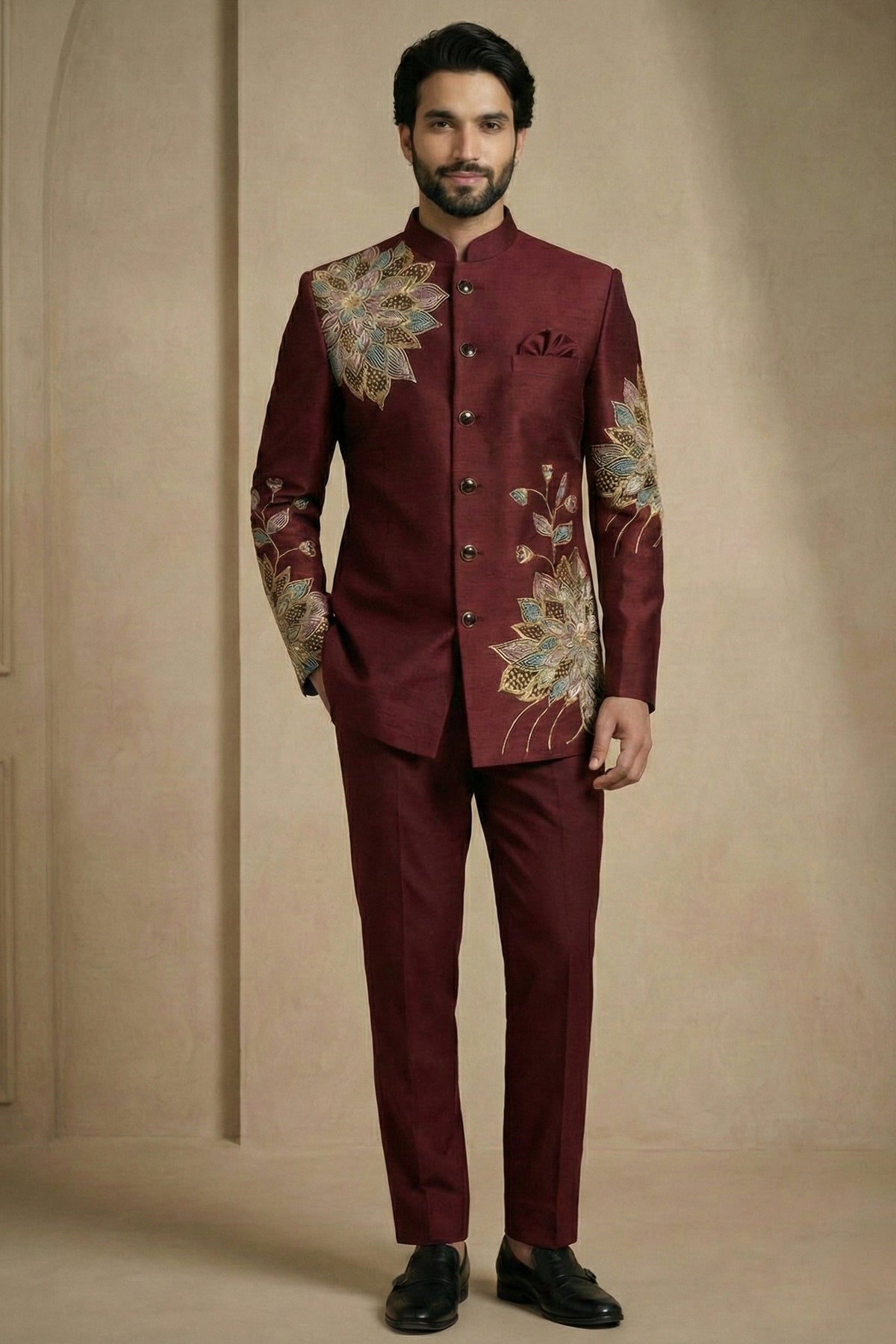 Maroon Satin Embroidered Jodhpuri Suit