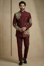 Maroon Satin Embroidered Jodhpuri Suit
