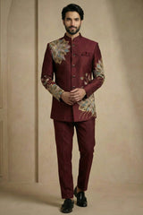 Maroon Satin Embroidered Jodhpuri Suit