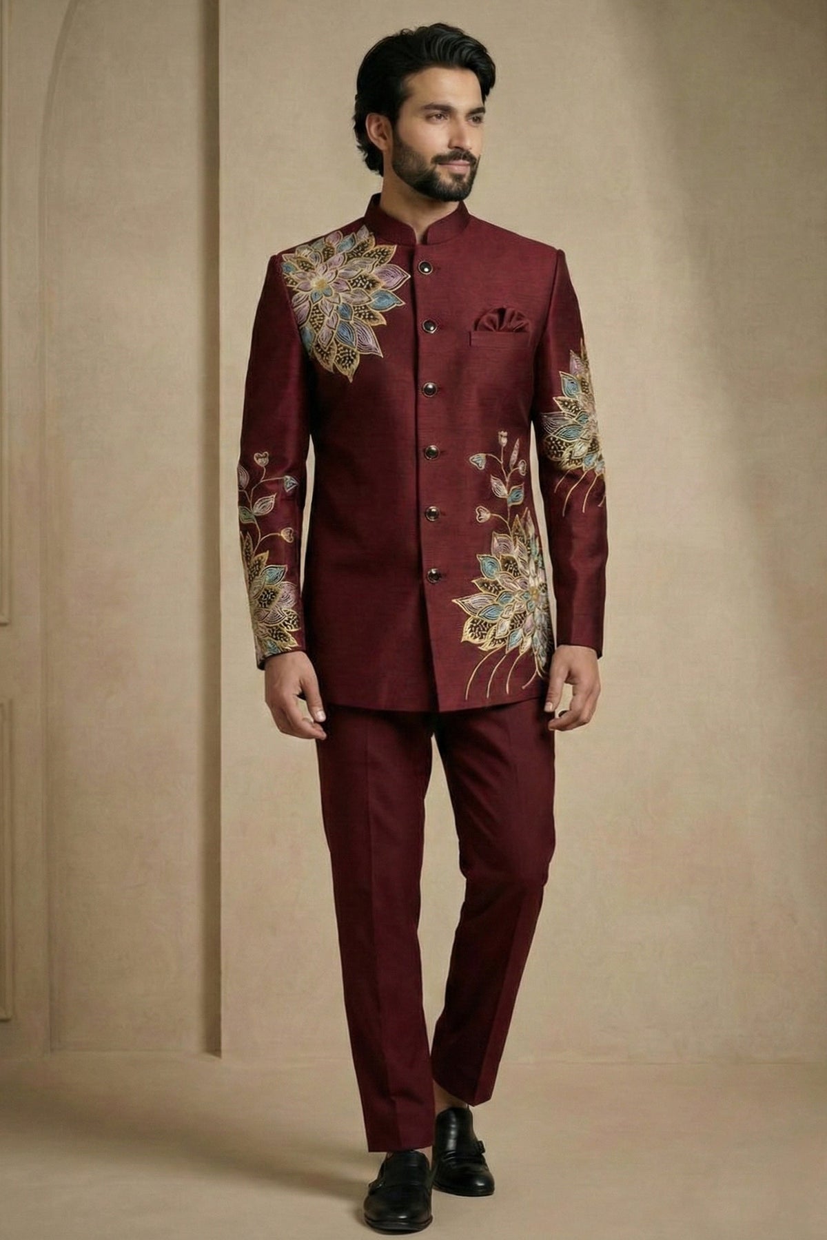Maroon Satin Embroidered Jodhpuri Suit