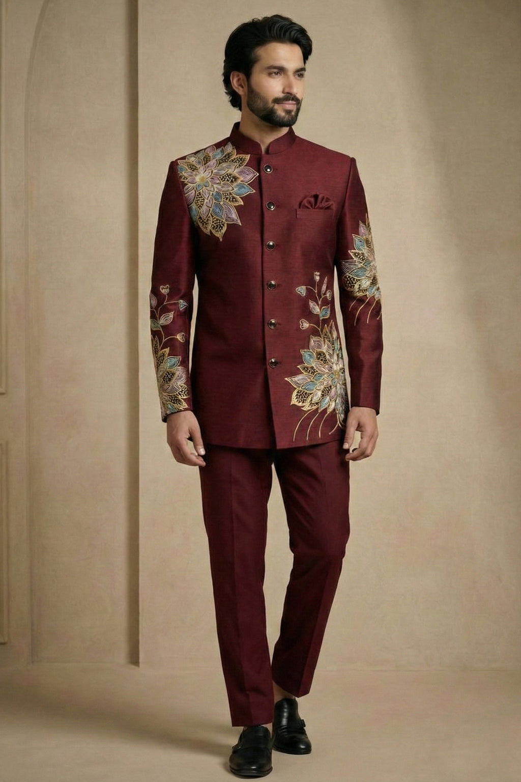 Maroon Satin Embroidered Jodhpuri Suit