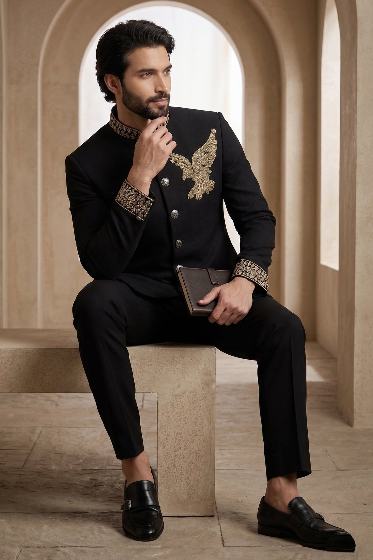 Black Silk Beaded Jodhpuri Set