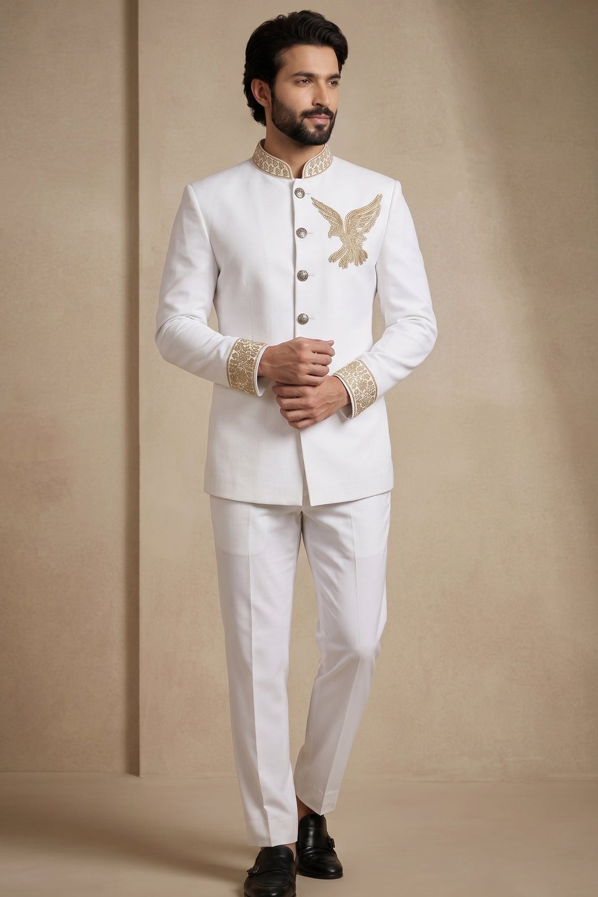 White Silk Beaded Jodhpuri Set