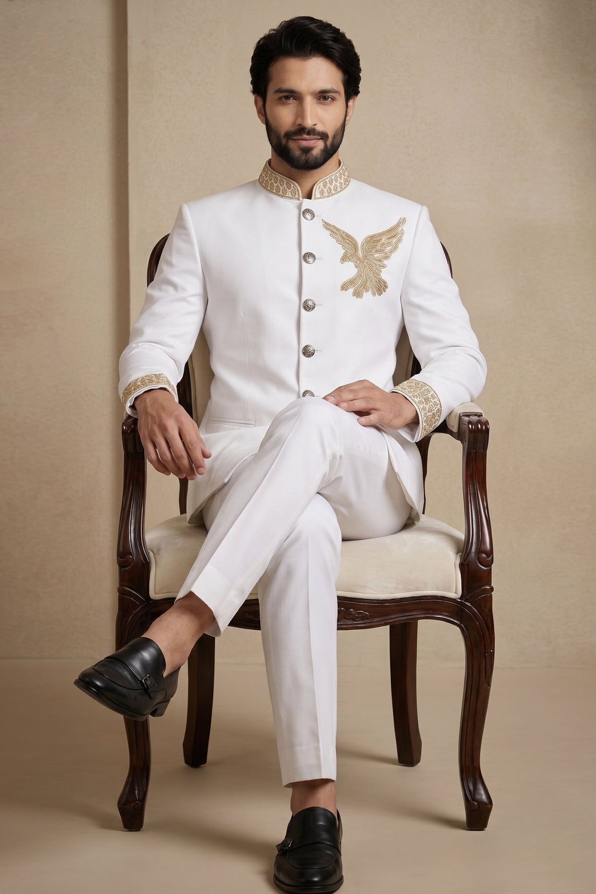 White Silk Beaded Jodhpuri Set