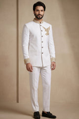 White Silk Beaded Jodhpuri Set