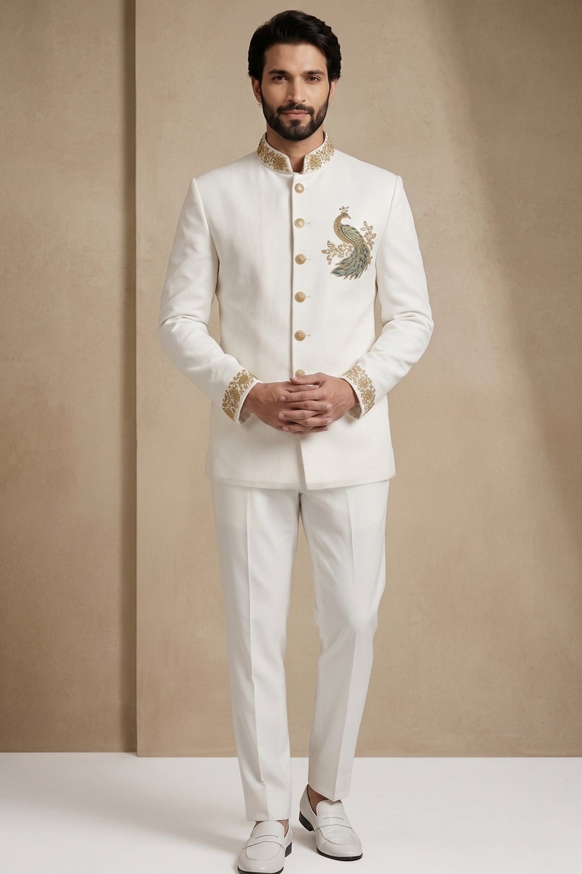 White Silk Beaded Jodhpuri Set