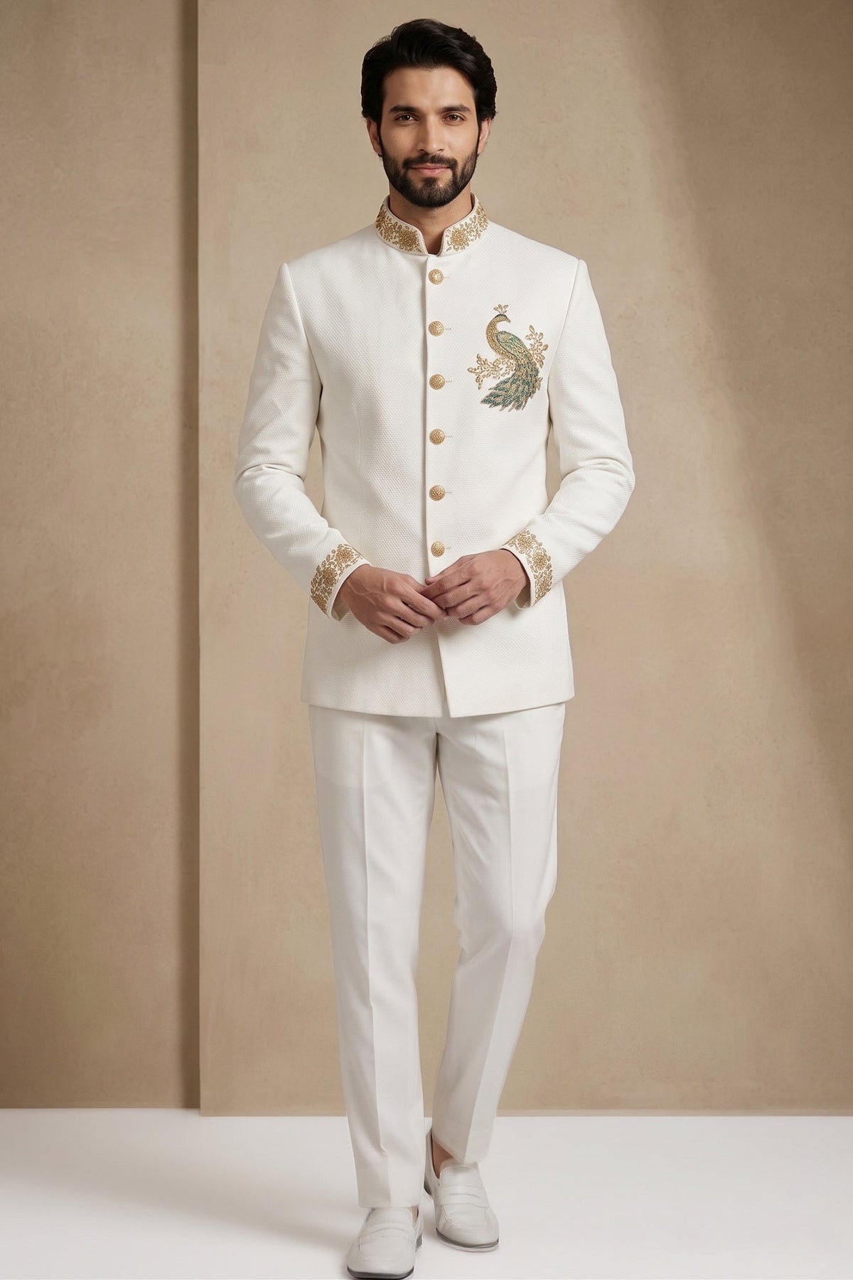 White Silk Beaded Jodhpuri Set
