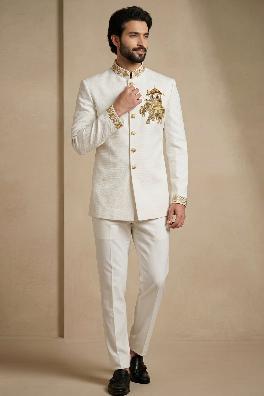 White Silk Beaded Jodhpuri Set