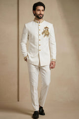 White Silk Beaded Jodhpuri Set