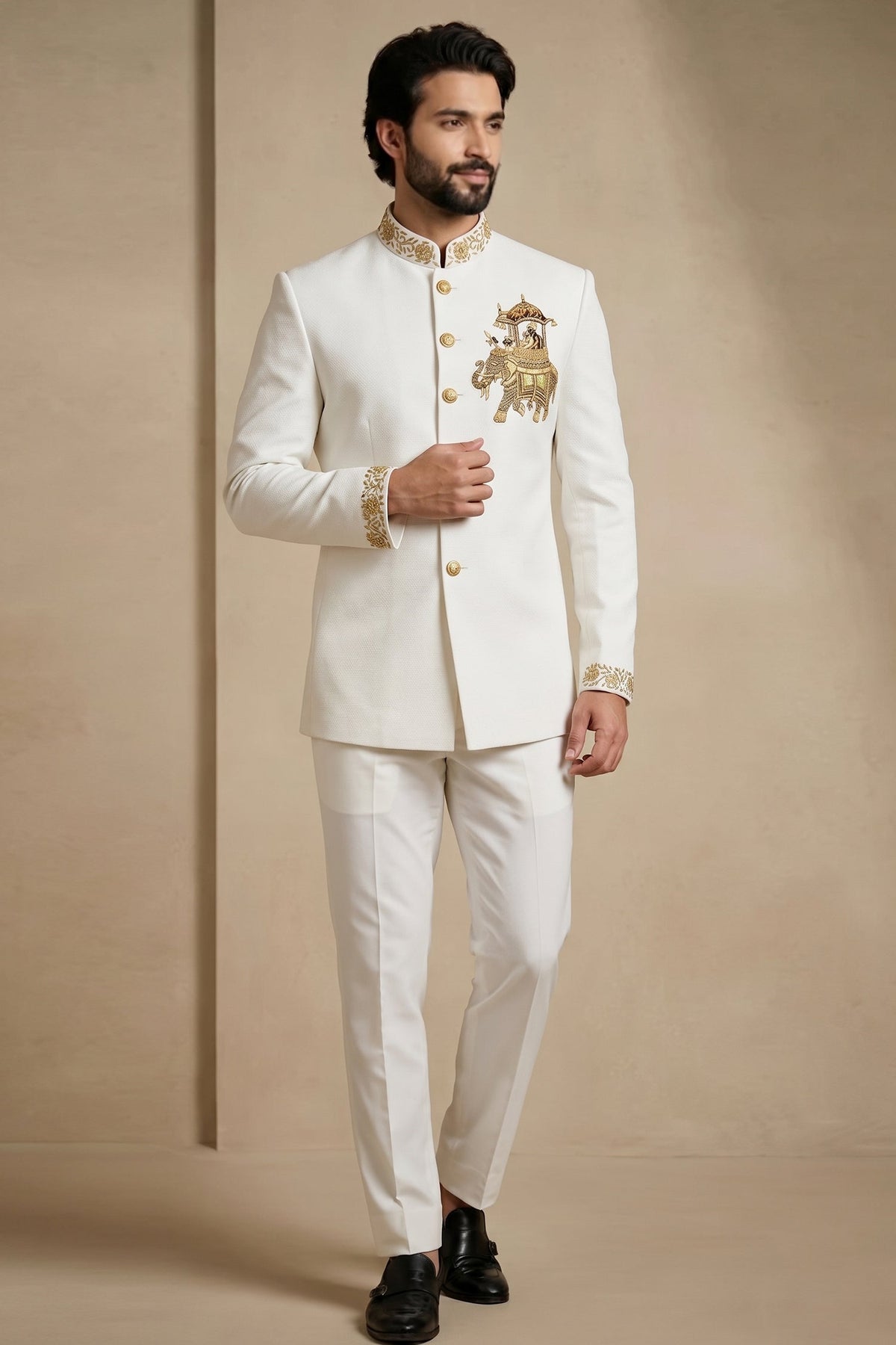 White Silk Beaded Jodhpuri Set