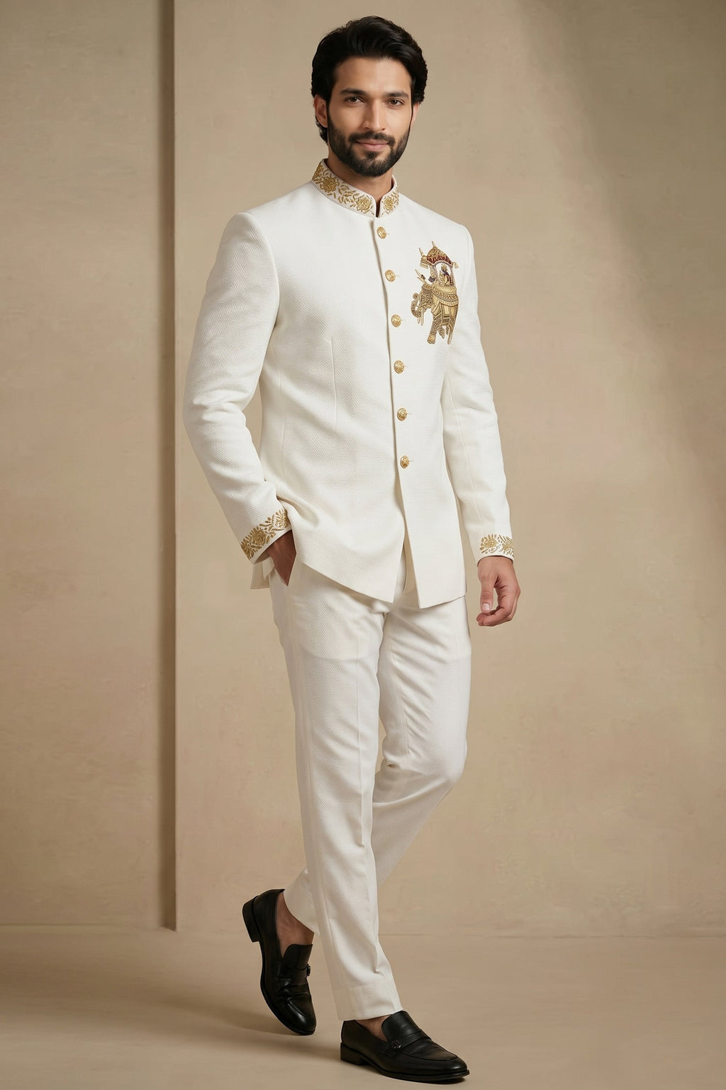White Silk Beaded Jodhpuri Set