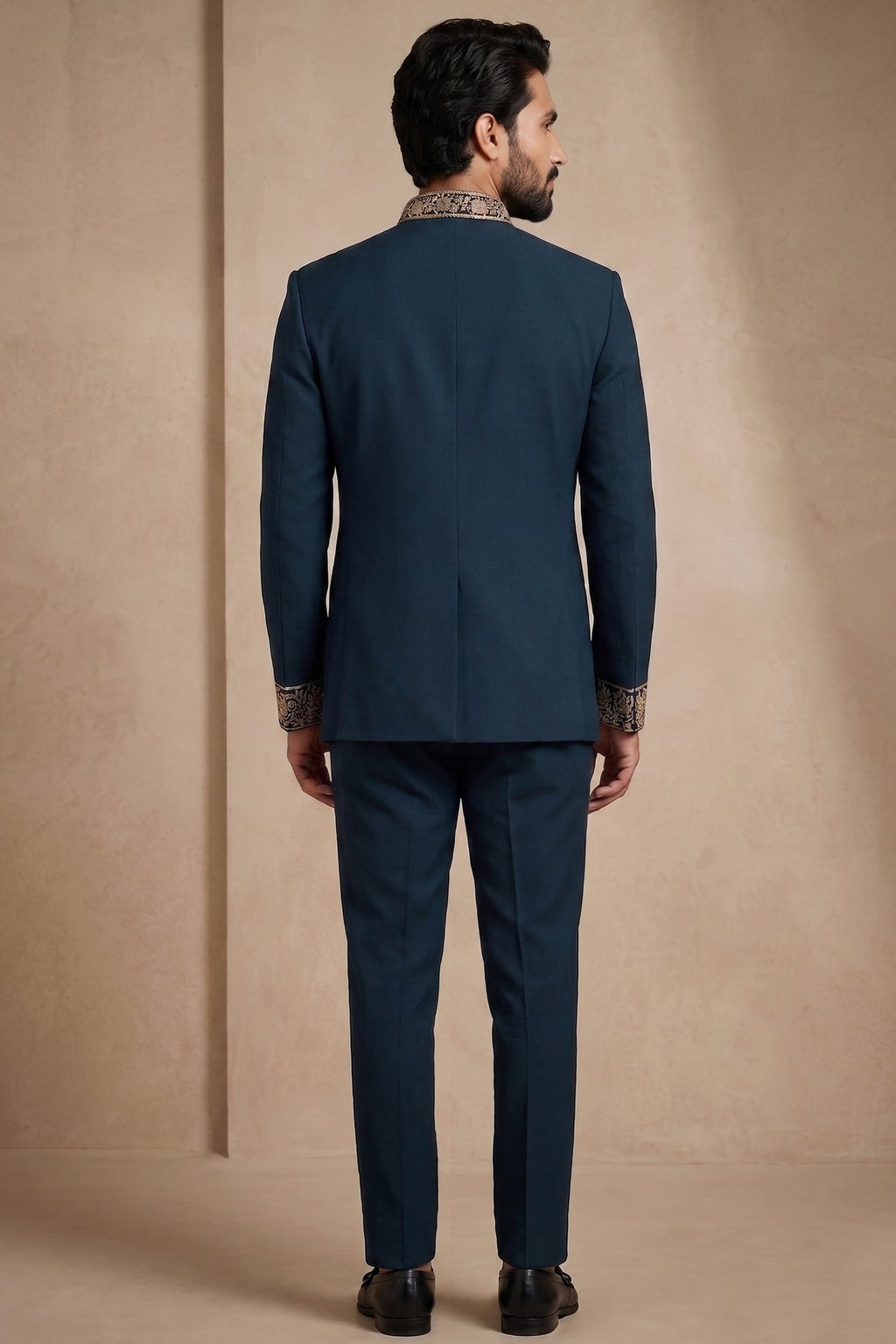 Deep Teal Blue Satin Beaded Jodhpuri Suit