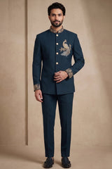 Deep Teal Blue Satin Beaded Jodhpuri Suit